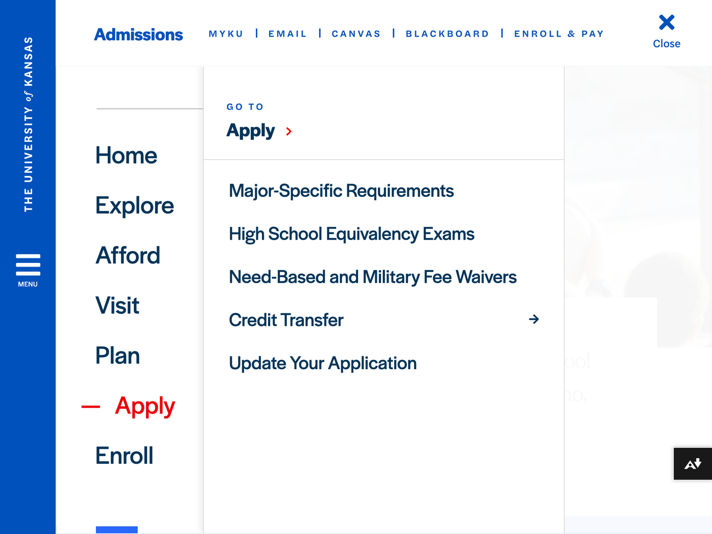 The University of Kansas Admissions website Fonts In Use